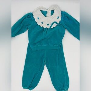 Vintage Girls 3T Teal Velour 2 Piece Set Big Collar Retro 80s Outfit